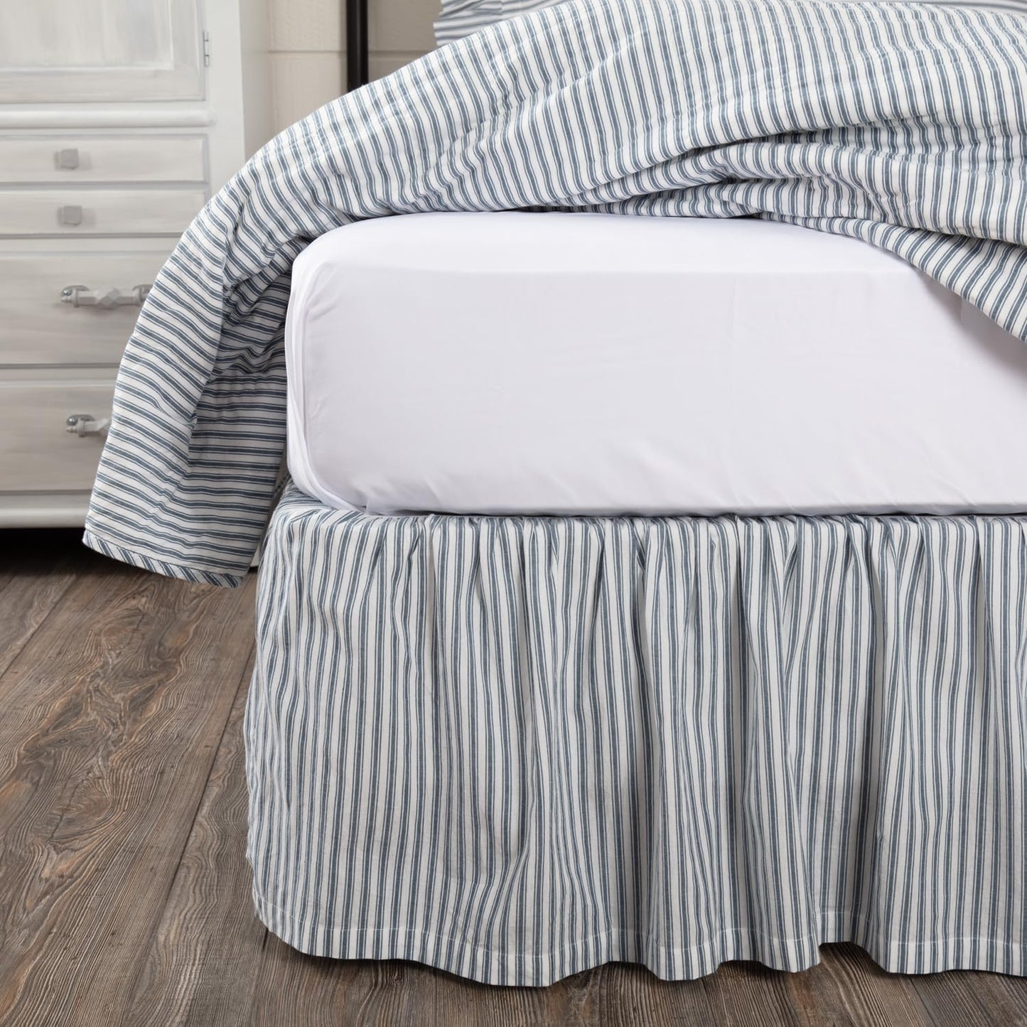 VHC Brands Sawyer Mill Ticking Striped Cotton Farmhouse Split Corners Gathered Queen Bed Skirt, 60x80x16, Charcoal Dark Creme White
