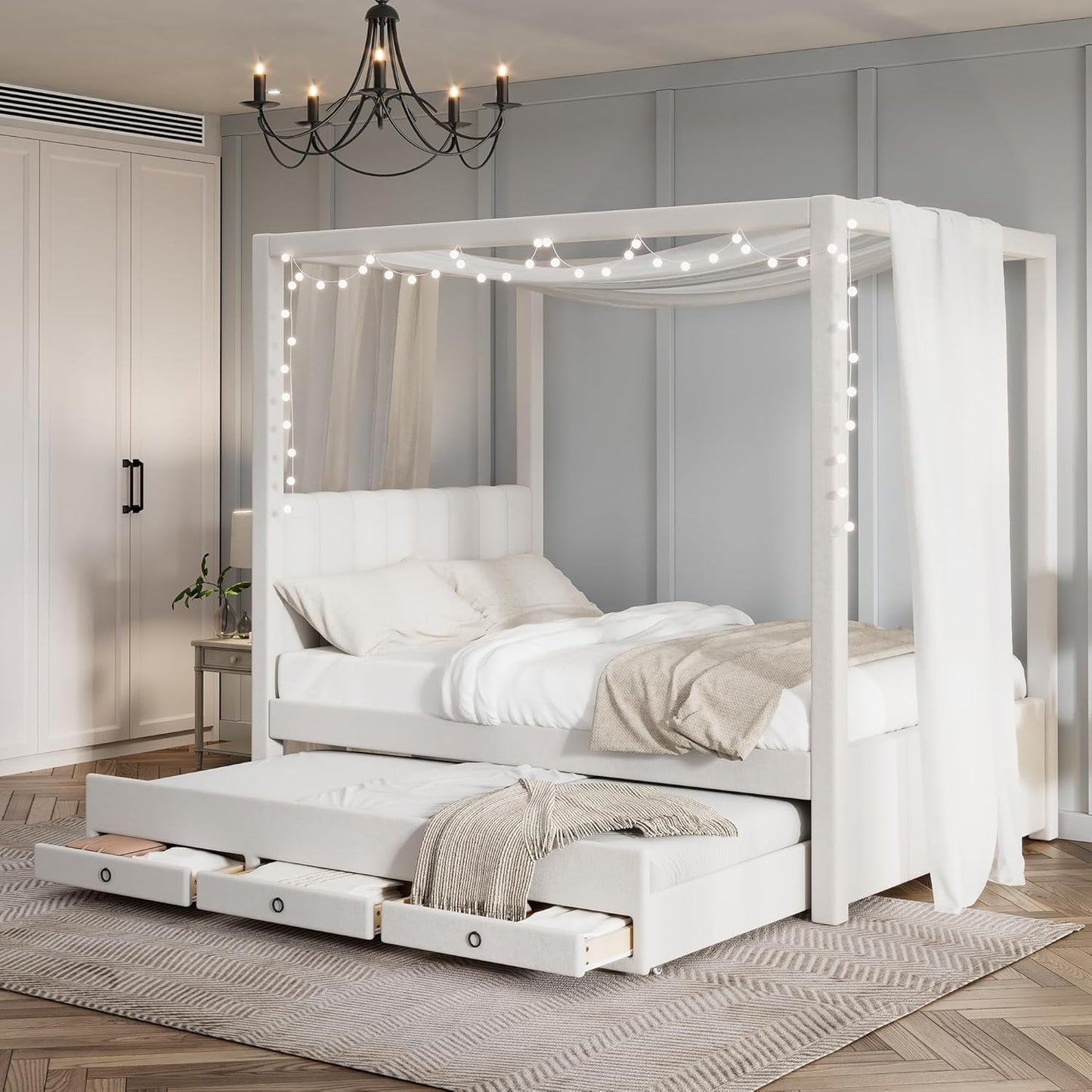 Merax Full Size Upholstery Canopy Platform Bed with Trundle and Three Storage Drawers