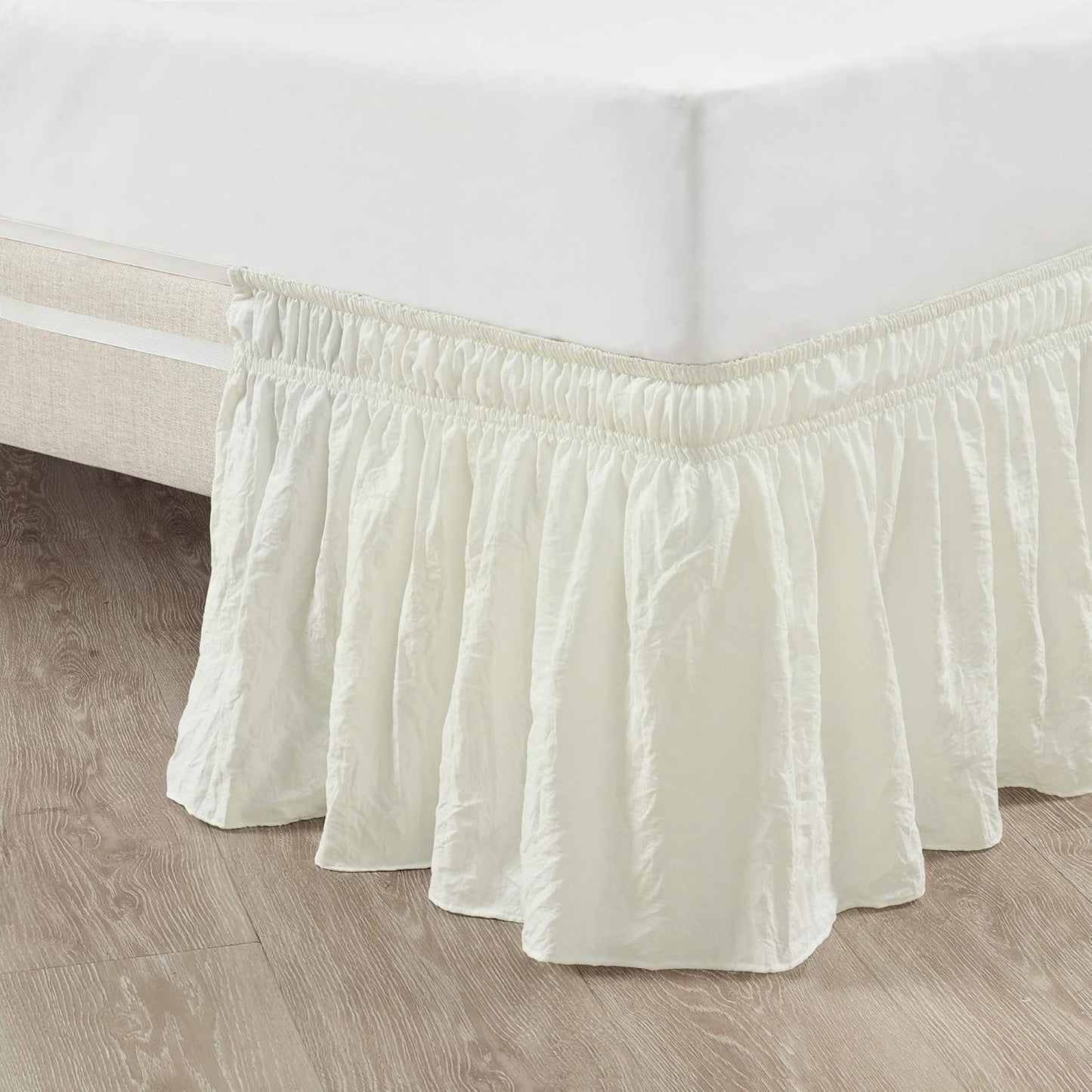 Lush Decor Ruched Ruffle Elastic Easy Wrap Around Bedskirt, Queen/King/Cal King, Bleach White