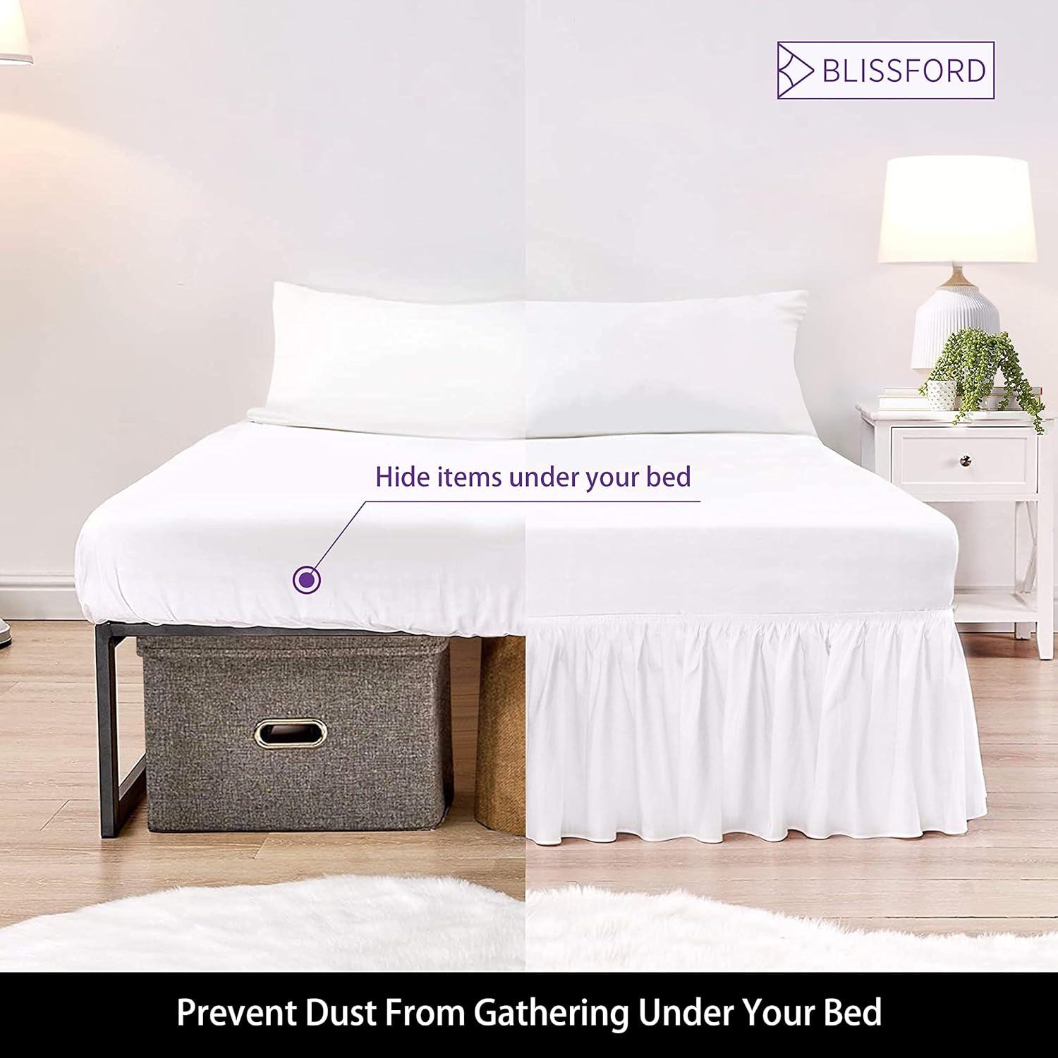 BLISSFORD White Bed Skirt Queen Size 14 inch Drop - with Split Corners - Cotton Blend Ruffled Bed Skirt, Dust Ruffle for Queen Size Bed, Platform White Bedskirt, Machine Washable