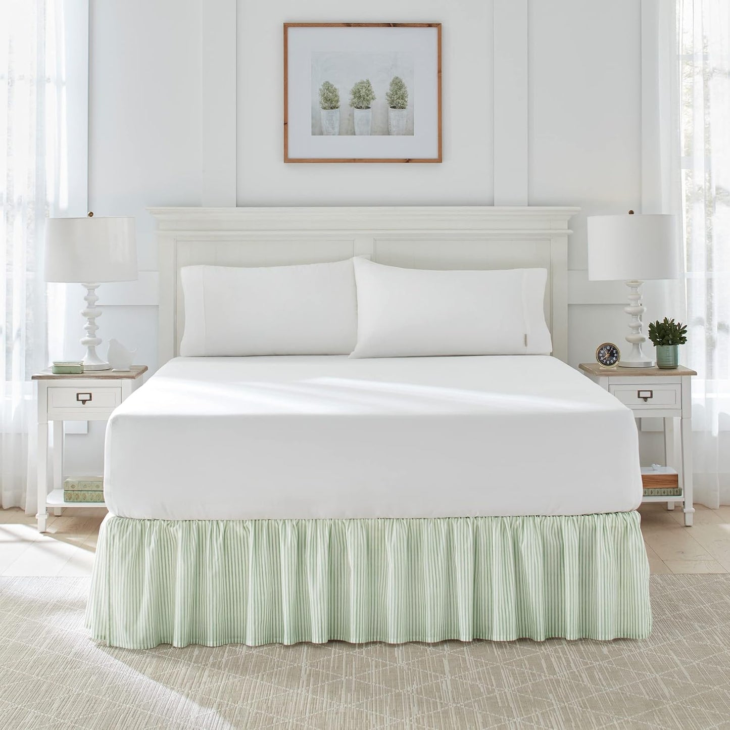 Laura Ashley Home - Cotton Ruffled Bedskirt, Lightweight & Classic Style (Ticking Stripe Grey, King)