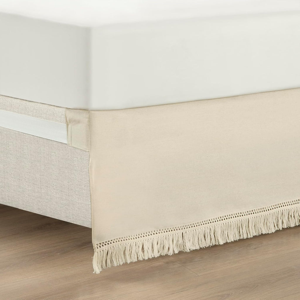 Lush Decor Boho Fringe 15-Inch Tailored Drop Easy Fit Bedskirt, King, Neutral