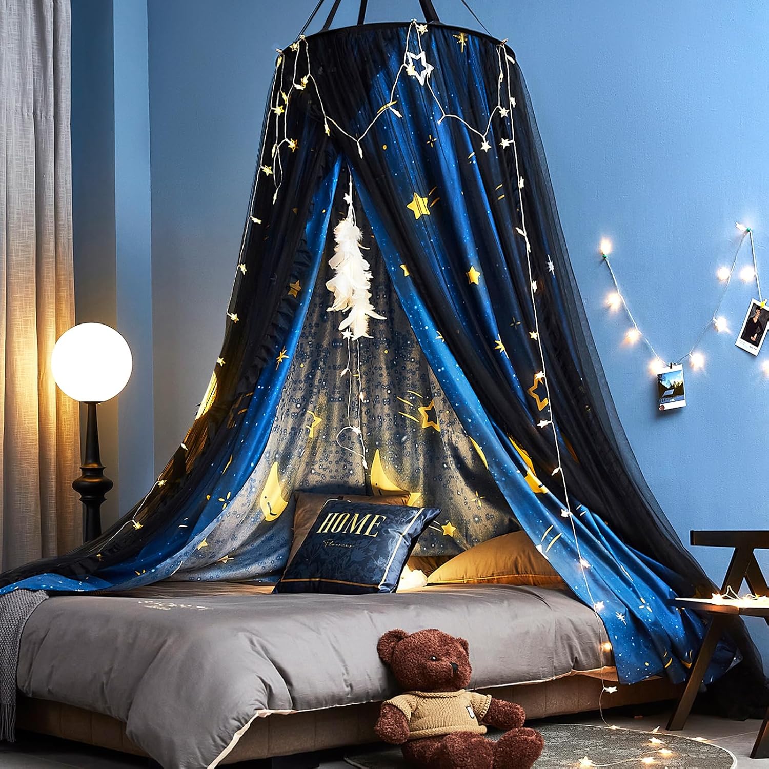 Kertnic Gorgeous Aurora Printed Bed Canopy for Girls & Adults, Room Decorative Cozy Bed Curtain Canopy Drapes, Round Dome Luxurious Lace Princess Canopies Mosquito Netting (Aurora)