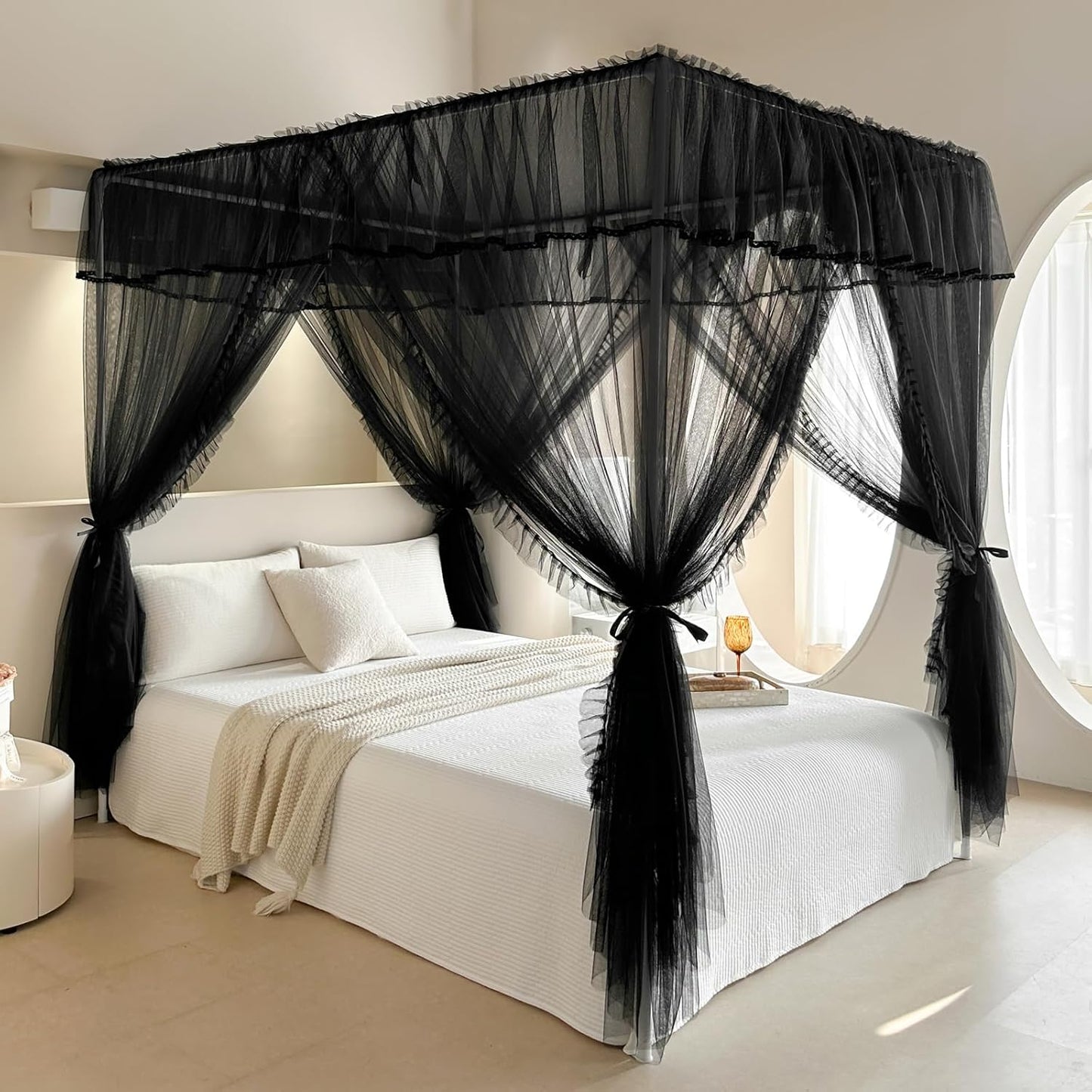 AIKASY 4 Corners Post Ruffle Princess Bed Canopy Curtain - Double Layer Cozy Drape Netting with 4 Openings - Elegant Mosquito Net for Girls and Adults Bedroom Decoration (White, Queen)