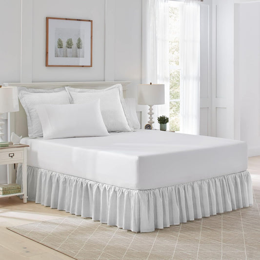 Laura Ashley Home - Cotton Ruffled Bedskirt, Lightweight & Classic Style (Ticking Stripe Grey, King)