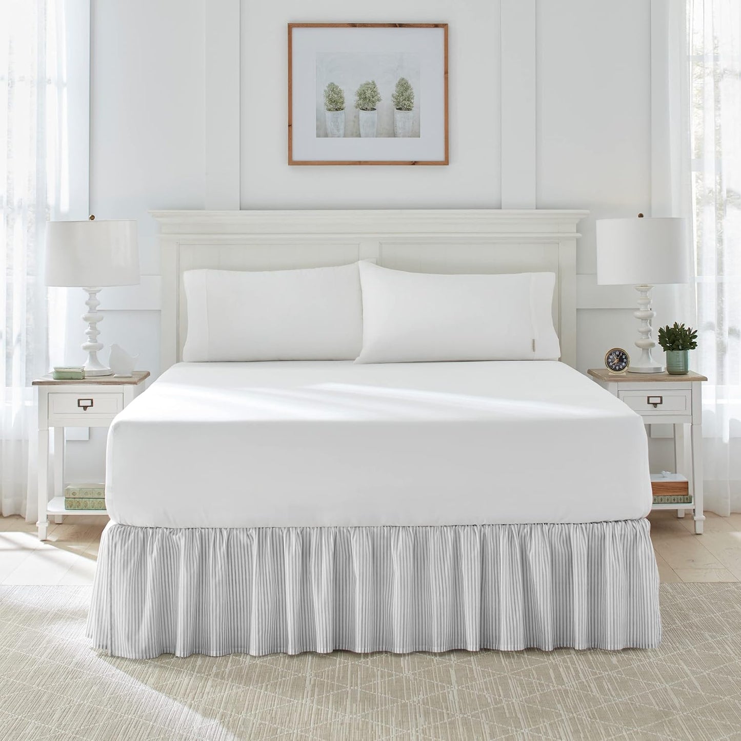 Laura Ashley Home - Cotton Ruffled Bedskirt, Lightweight & Classic Style (Ticking Stripe Grey, King)