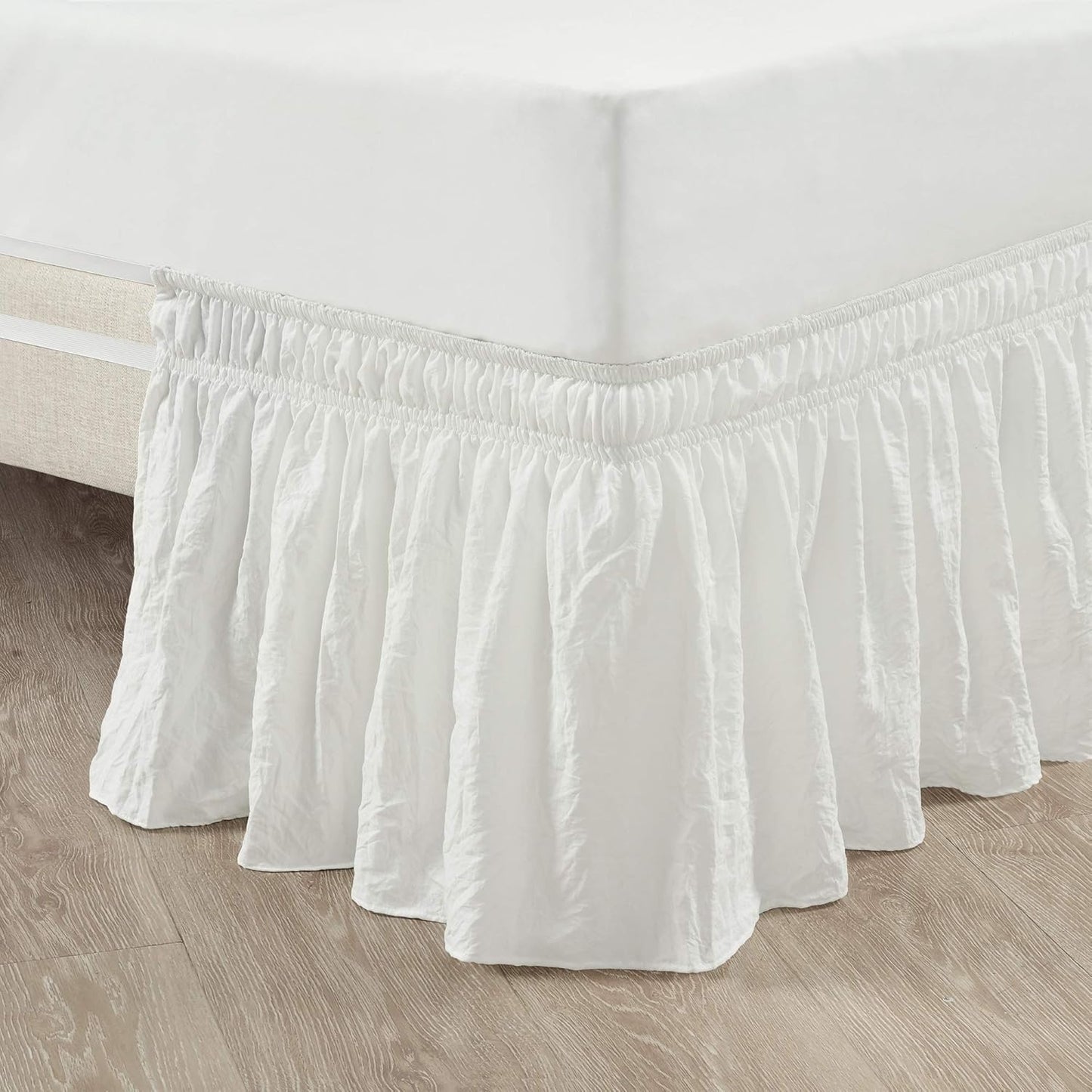 Lush Decor Ruched Ruffle Elastic Easy Wrap Around Bedskirt, Queen/King/Cal King, Bleach White