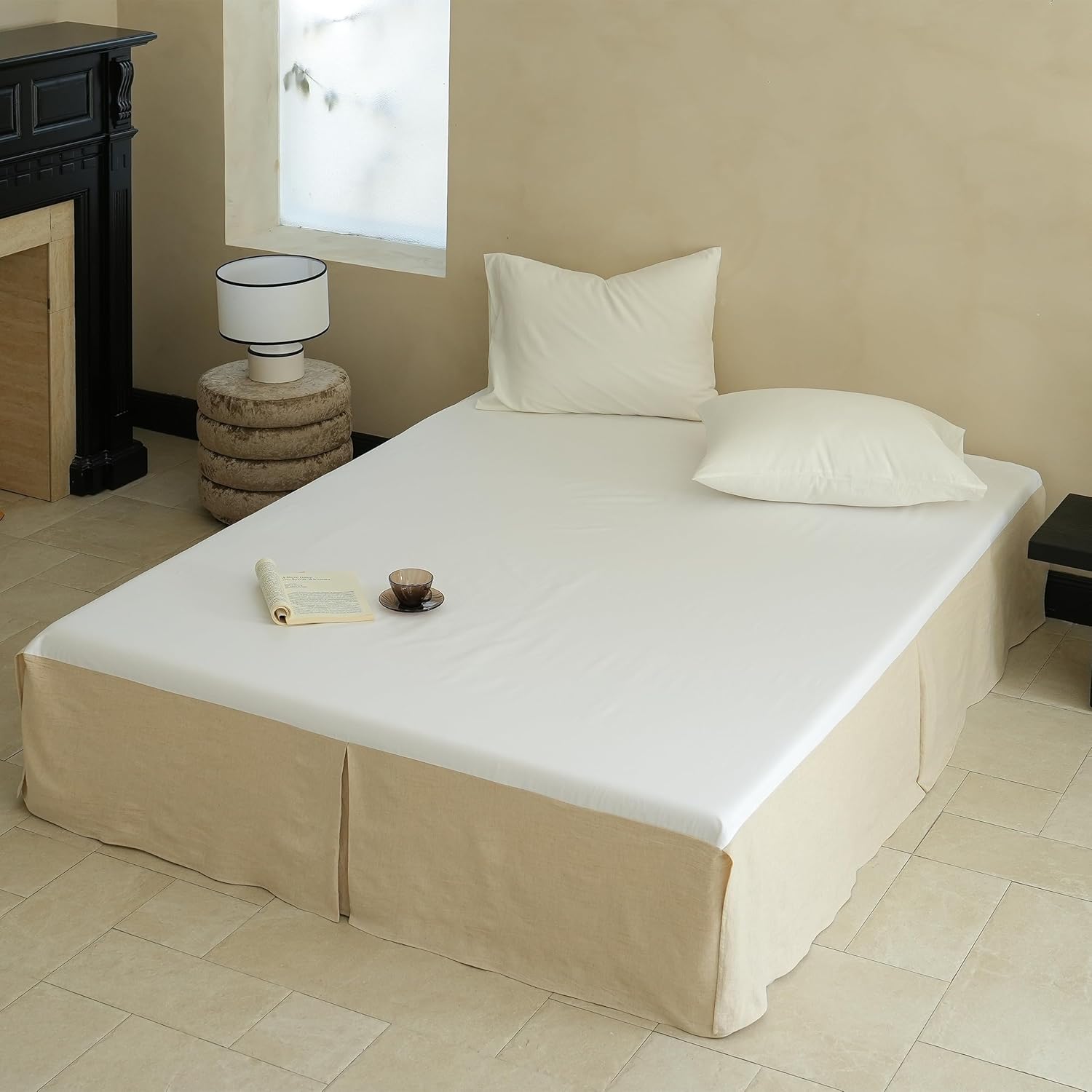 Simple&Opulence Belgian Linen Bed Skirt with Classic 14 inch Tailored Drop Dust Ruffle, Easy Fit Breathable Premium Natural Flax- Basic Linen, Queen