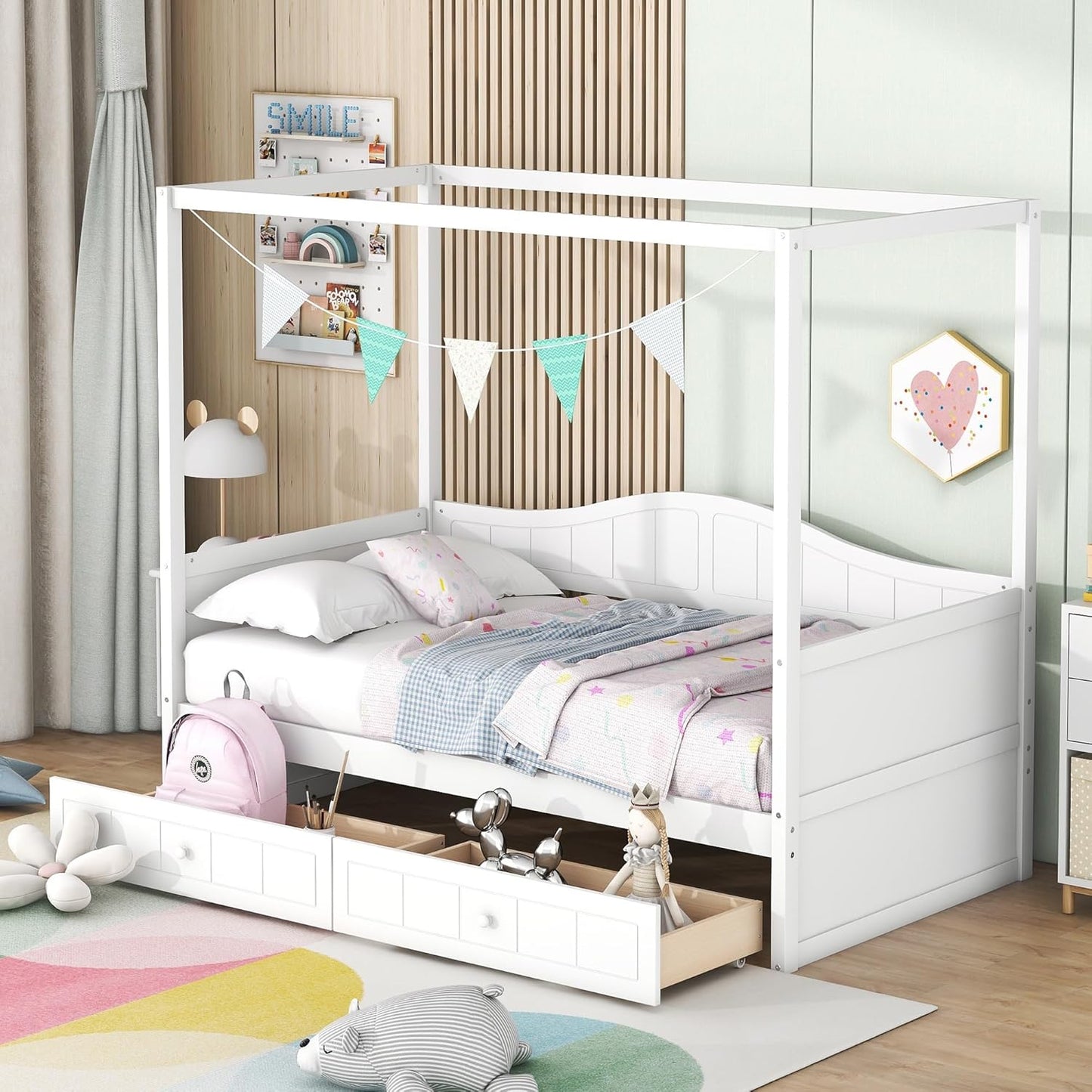 Merax Full Size Upholstery Canopy Platform Bed with Trundle and Three Storage Drawers