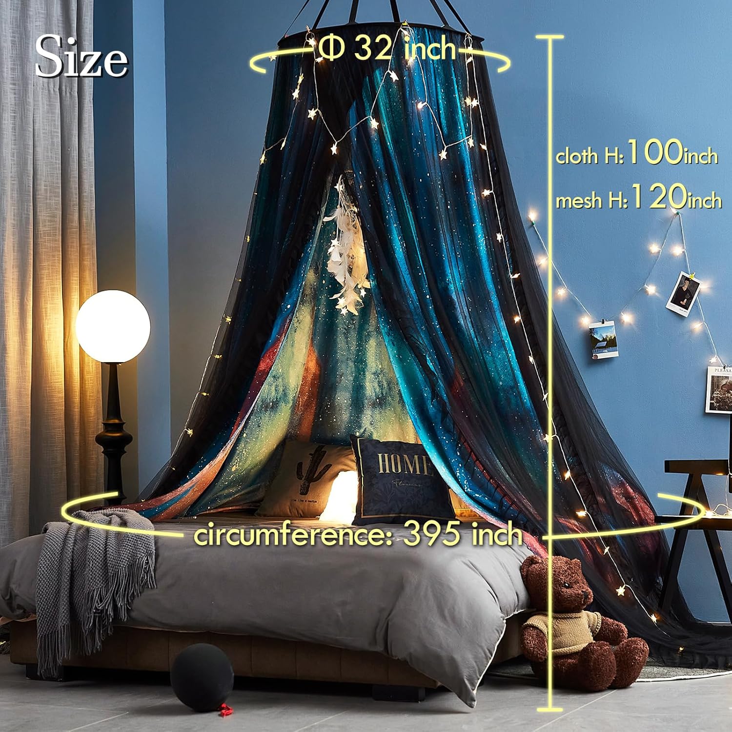 Kertnic Gorgeous Aurora Printed Bed Canopy for Girls & Adults, Room Decorative Cozy Bed Curtain Canopy Drapes, Round Dome Luxurious Lace Princess Canopies Mosquito Netting (Aurora)