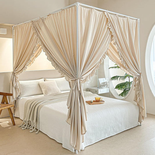 AIKASY Princess Canopy Bed Curtains with Top Ties - Windproof & Lightproof for Girls' Adult Bedroom Decor | Bed Canopy Drapes (Queen,Khaki)