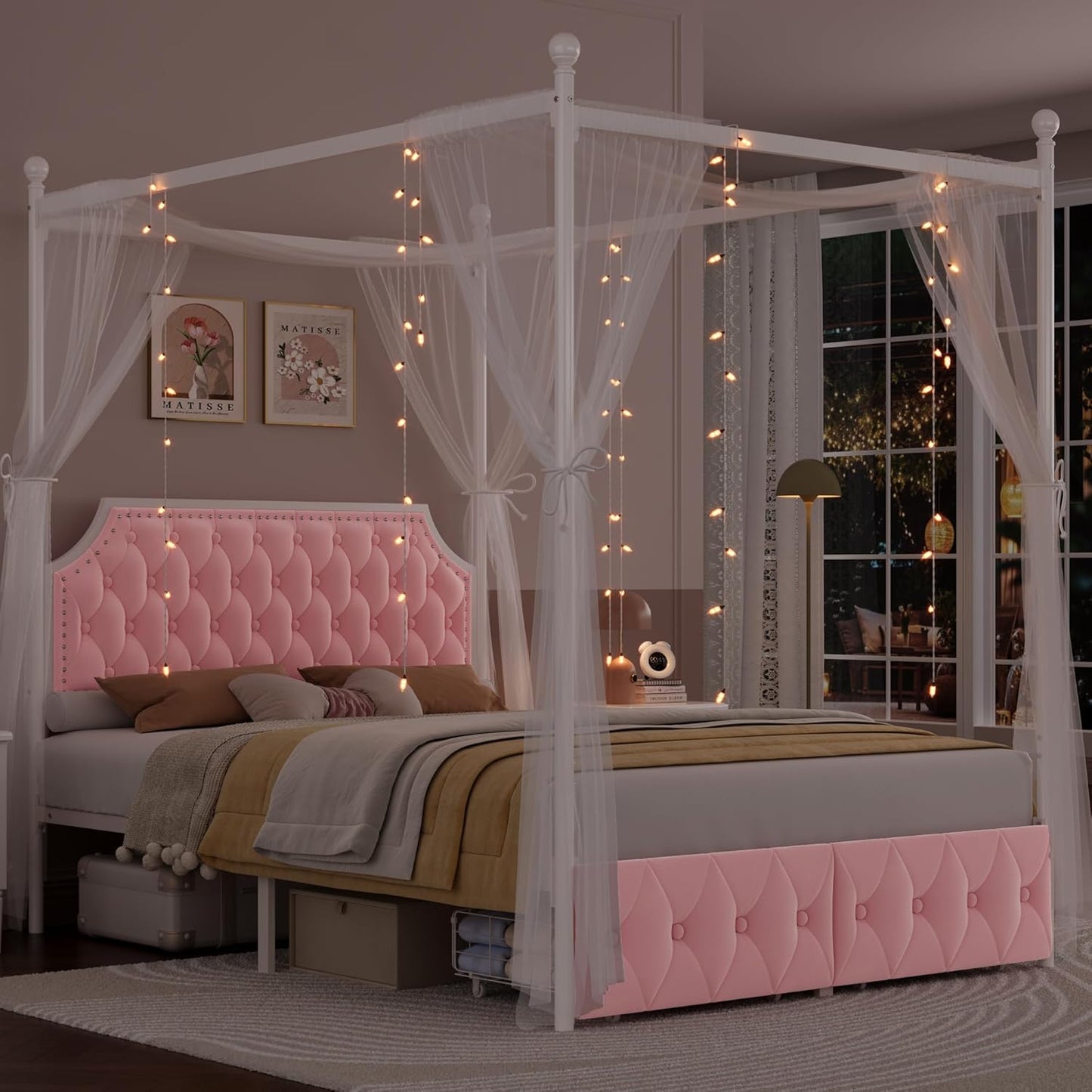 Keyluv Queen Upholstered Canopy Bed Frame with 2 Drawer and Button Tufted Headboard Metal Platform Bed with 4 Removable Posts Two-Purpose Velvet Bed No Box Spring Needed Dark Grey/Curtain Not Included