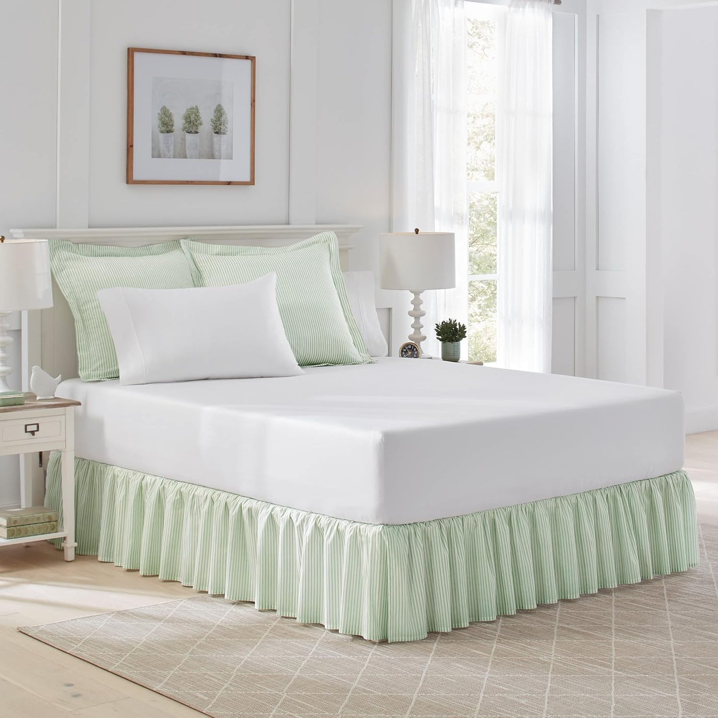 Laura Ashley Home - Cotton Ruffled Bedskirt, Lightweight & Classic Style (Ticking Stripe Grey, King)