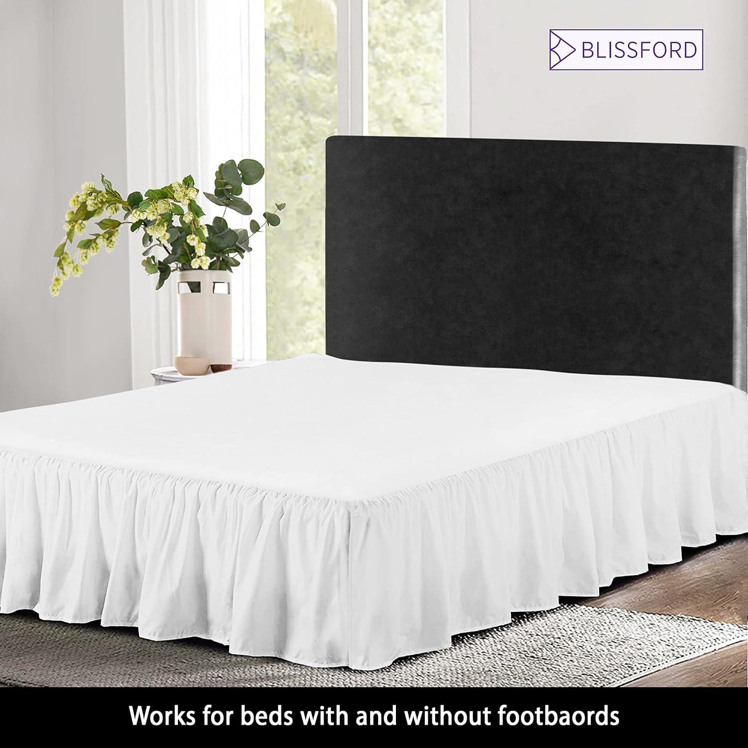 BLISSFORD White Bed Skirt Queen Size 14 inch Drop - with Split Corners - Cotton Blend Ruffled Bed Skirt, Dust Ruffle for Queen Size Bed, Platform White Bedskirt, Machine Washable