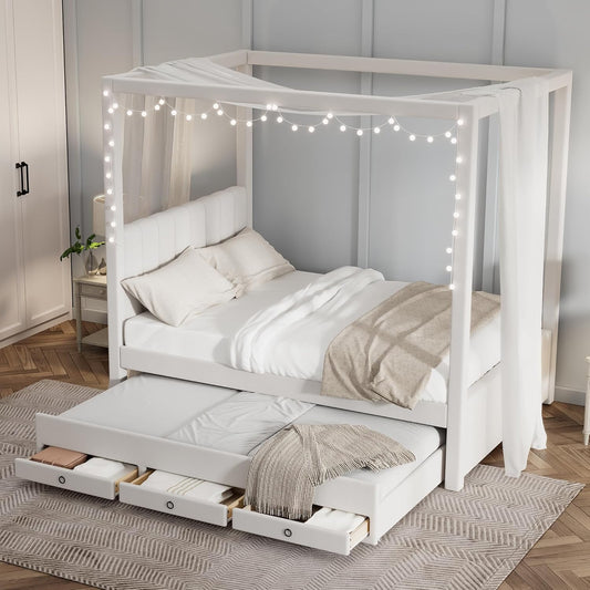 Merax Full Size Upholstery Canopy Platform Bed with Trundle and Three Storage Drawers