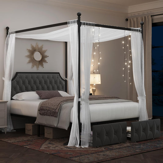 Keyluv Queen Upholstered Canopy Bed Frame with 2 Drawer and Button Tufted Headboard Metal Platform Bed with 4 Removable Posts Two-Purpose Velvet Bed No Box Spring Needed Dark Grey/Curtain Not Included