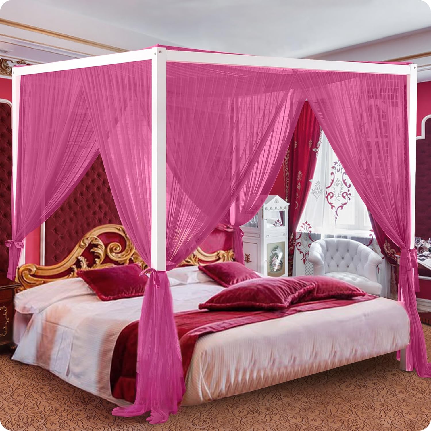 South to East White Canopy Bed Curtains, 4 Corner Post Bed Canopy for Girls & Adults, Top Luxurious Bed Drapes for Bedroom Decoration, 4 Openings, 100% Ripstop Polyester, Easy Install, King/Queen Size