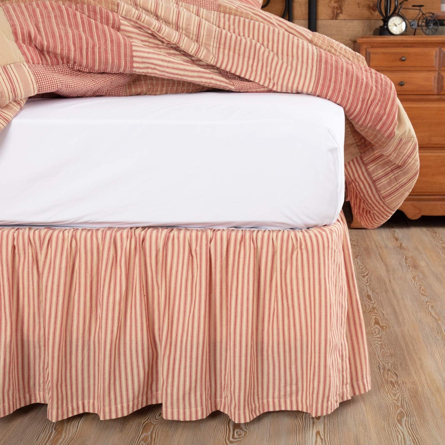 VHC Brands Sawyer Mill Ticking Striped Cotton Farmhouse Split Corners Gathered Queen Bed Skirt, 60x80x16, Charcoal Dark Creme White