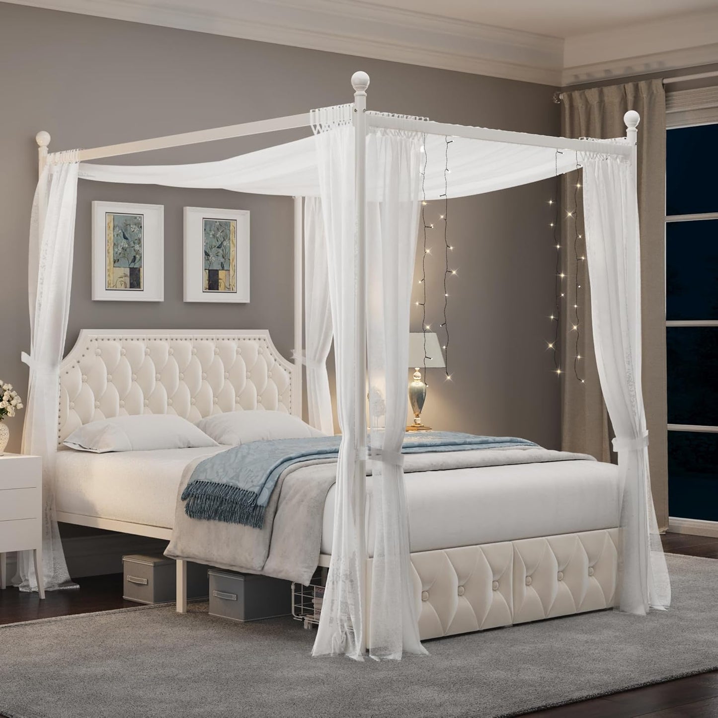 Keyluv Queen Upholstered Canopy Bed Frame with 2 Drawer and Button Tufted Headboard Metal Platform Bed with 4 Removable Posts Two-Purpose Velvet Bed No Box Spring Needed Dark Grey/Curtain Not Included
