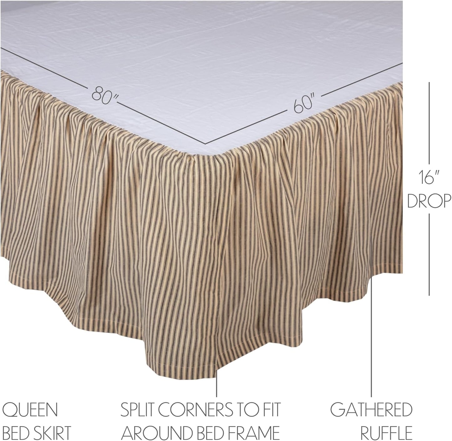 VHC Brands Sawyer Mill Ticking Striped Cotton Farmhouse Split Corners Gathered Queen Bed Skirt, 60x80x16, Charcoal Dark Creme White