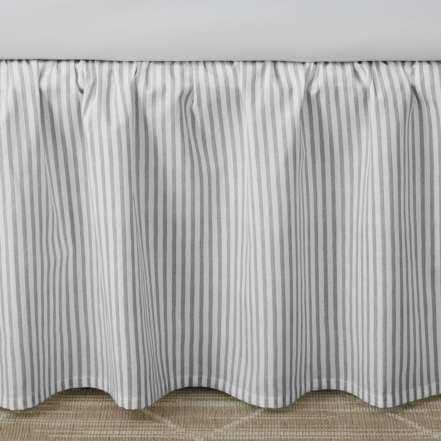 Laura Ashley Home - Cotton Ruffled Bedskirt, Lightweight & Classic Style (Ticking Stripe Grey, King)
