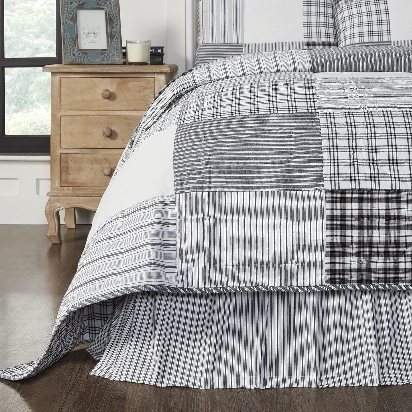 VHC Brands Sawyer Mill Ticking Striped Cotton Farmhouse Split Corners Gathered Queen Bed Skirt, 60x80x16, Charcoal Dark Creme White